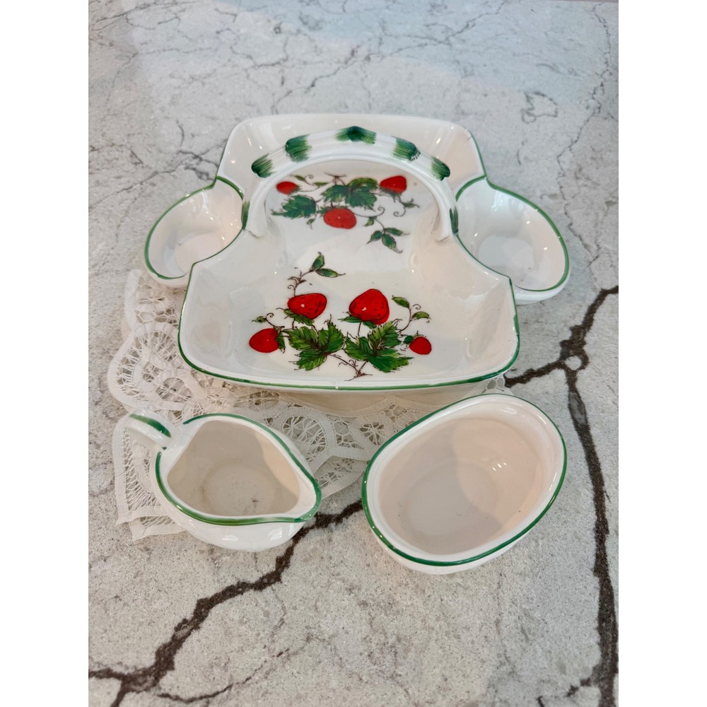 Vintage Ceramic Strawberry Condiment Serving Set with Caddy Pitcher and Bowl